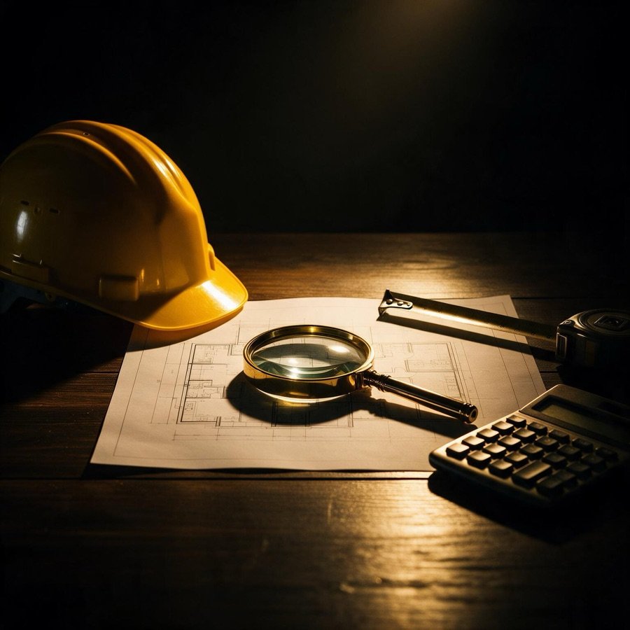 Capacete, lupa e planta de obra sobre a mesa