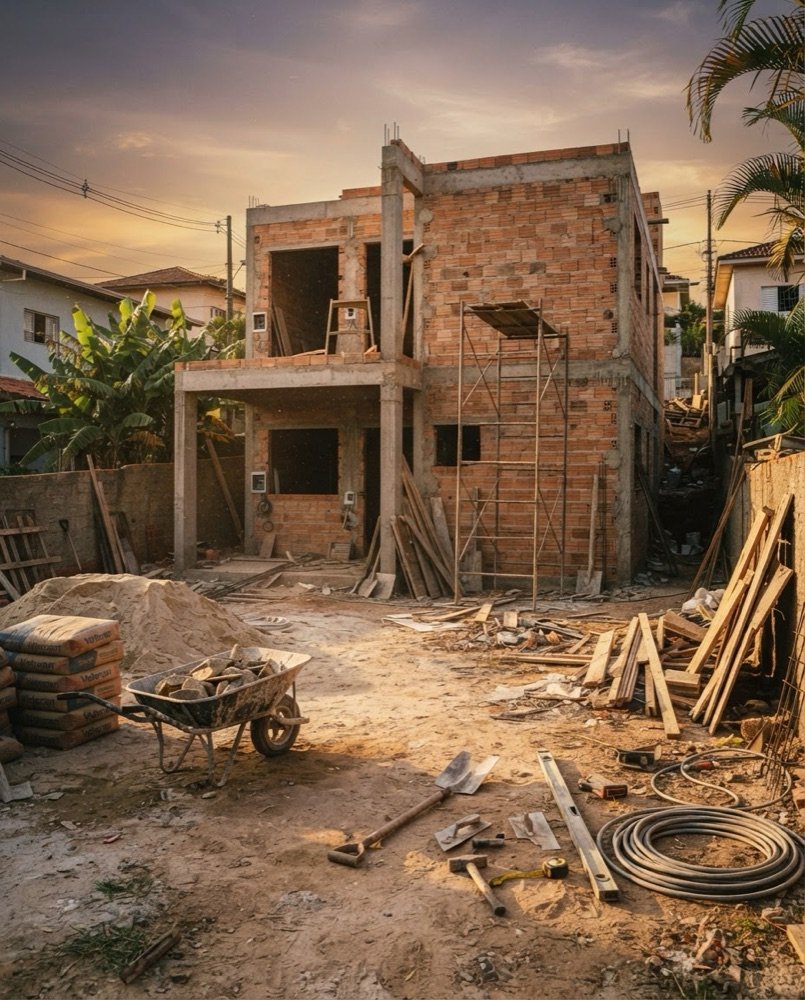 Obra parada no fim do dia, sem ninguém trabalhando